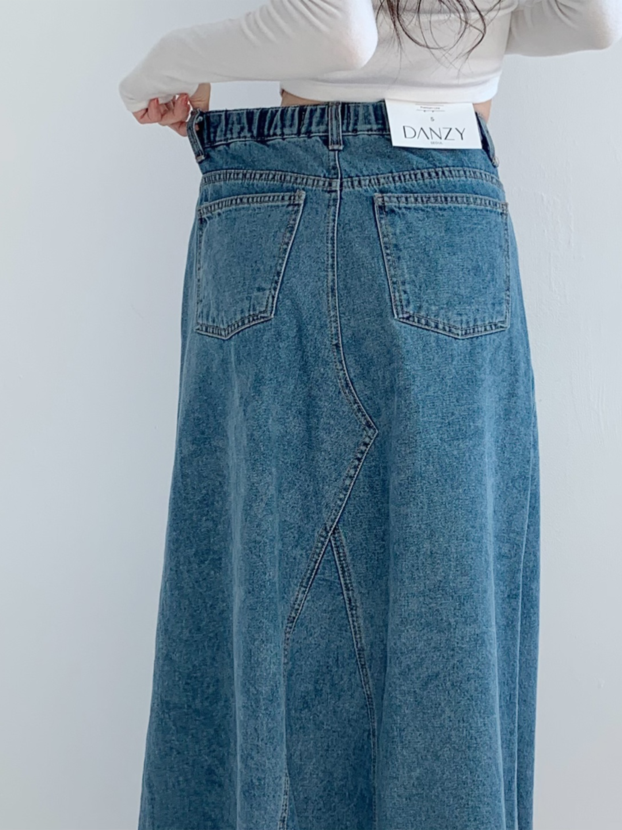 Wide back banding side denim maxi long skirt