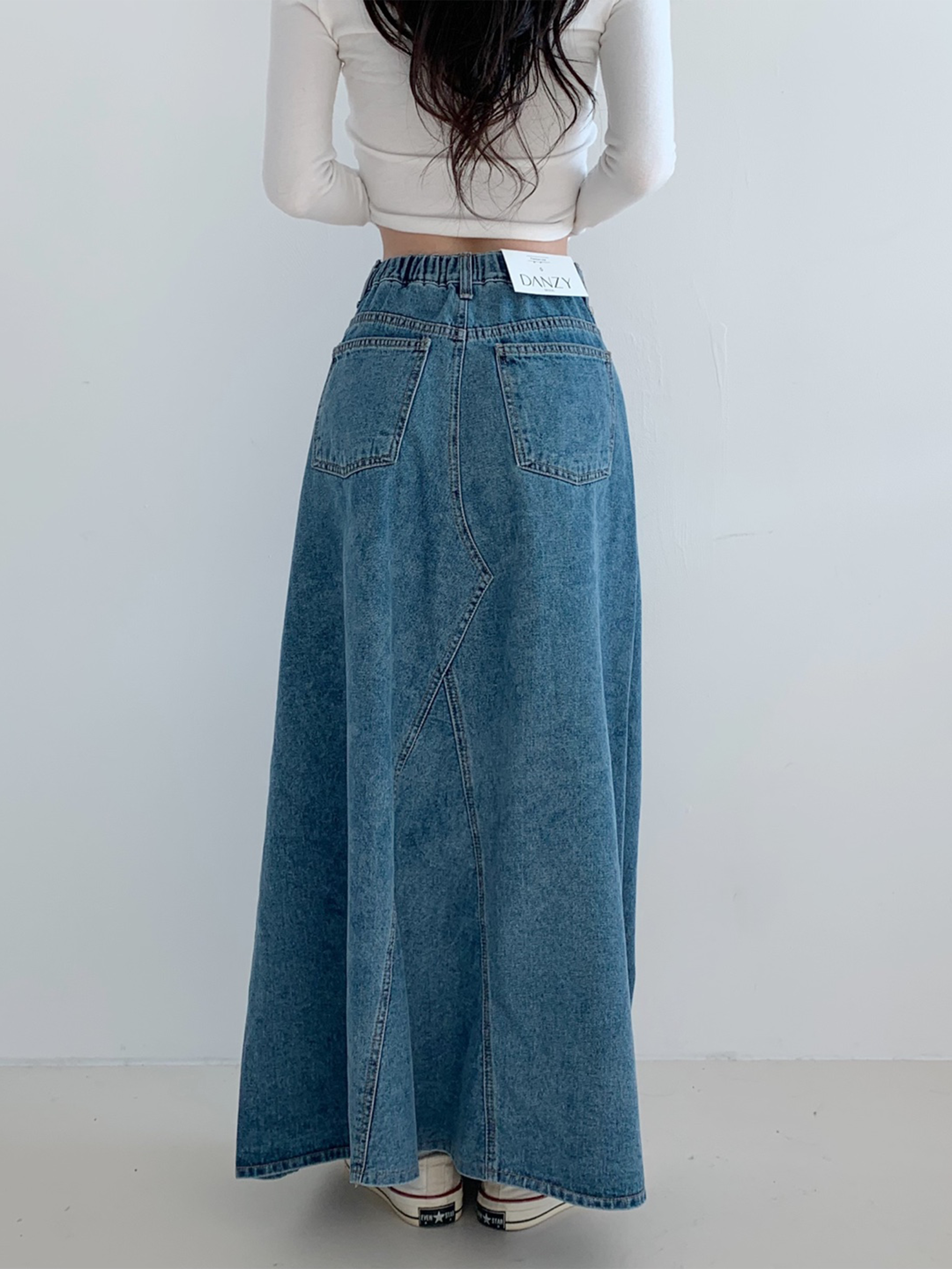 Wide back banding side denim maxi long skirt