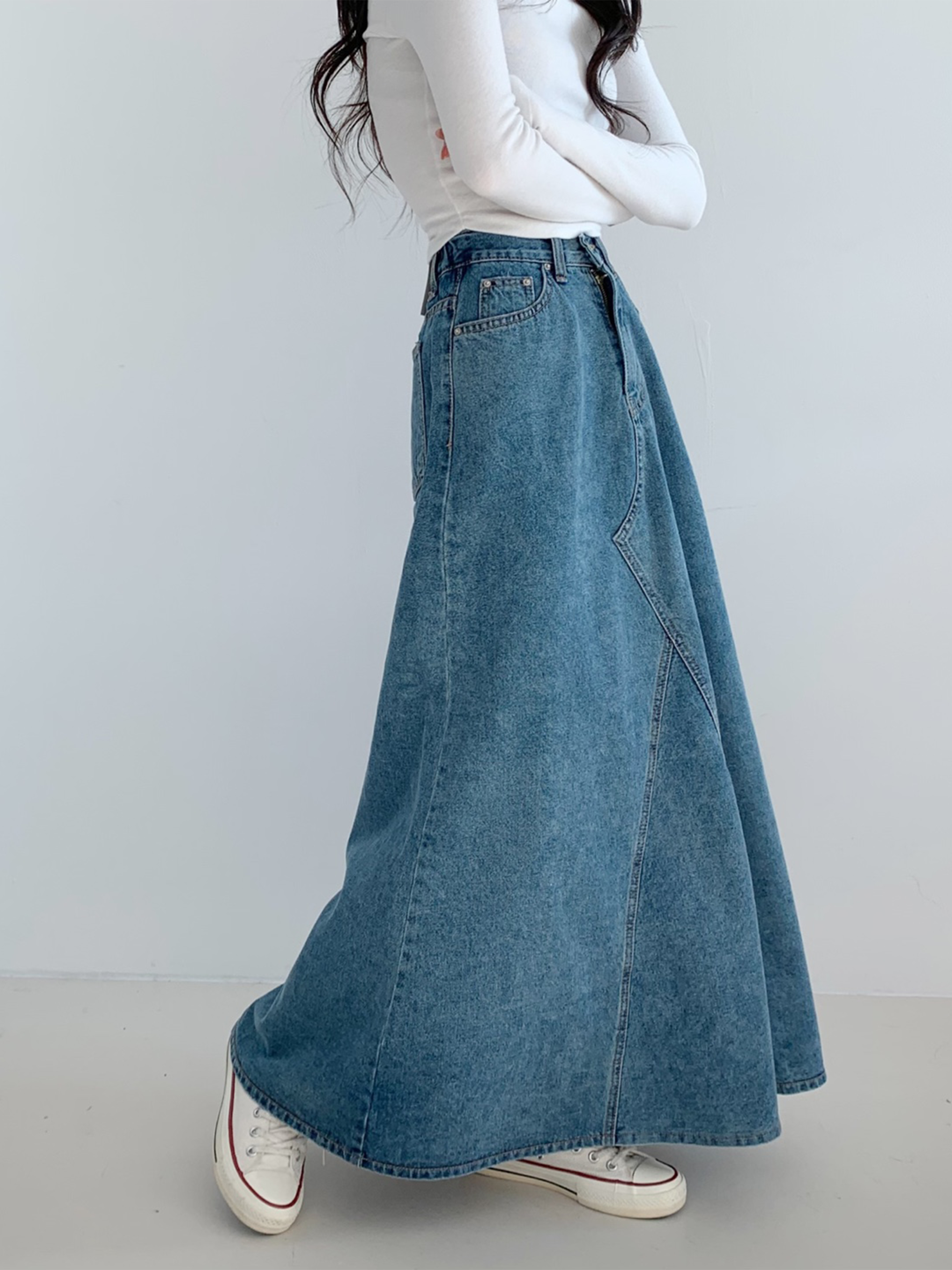 Wide back banding side denim maxi long skirt