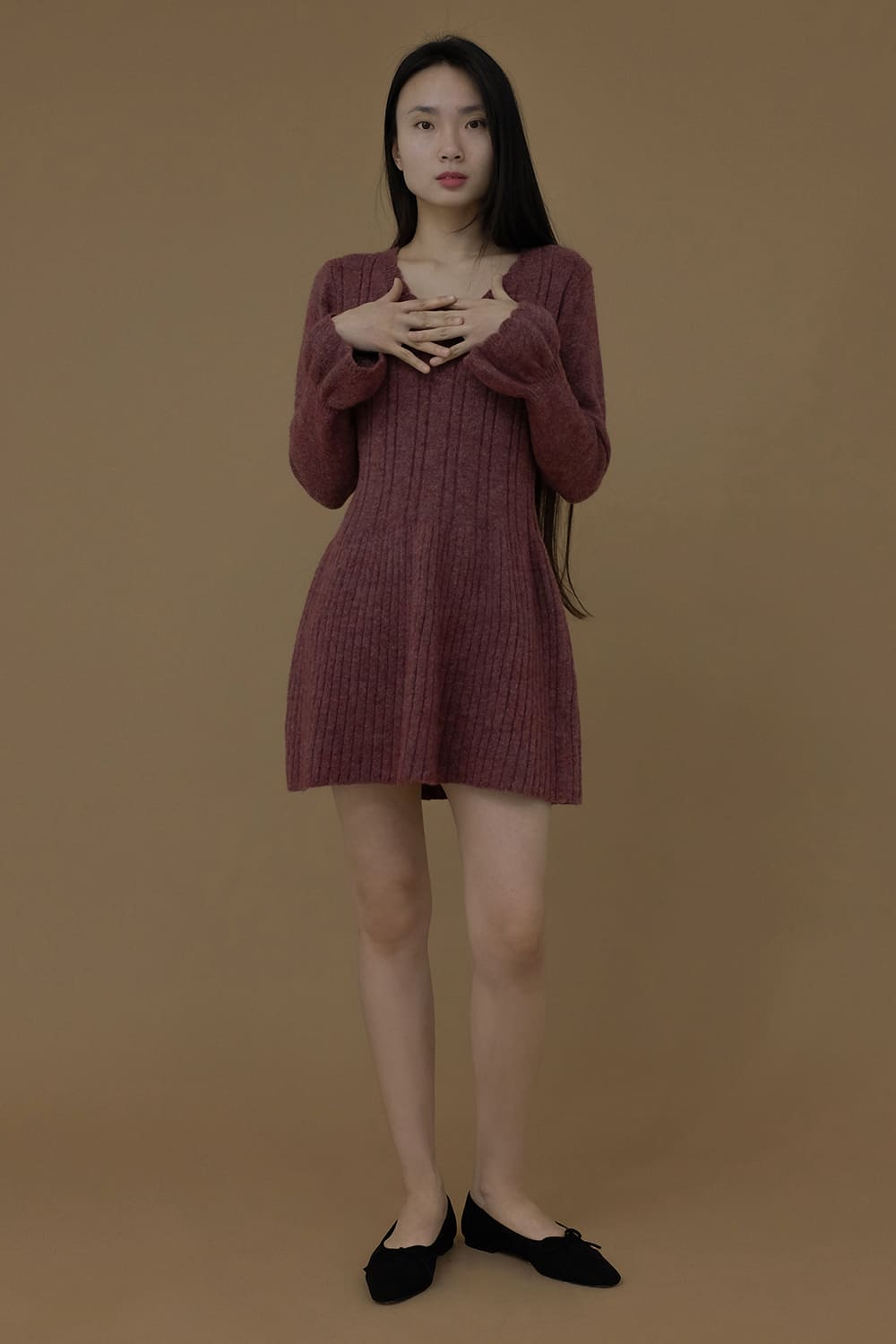 Frill u-neck knit ops(Brick rose)