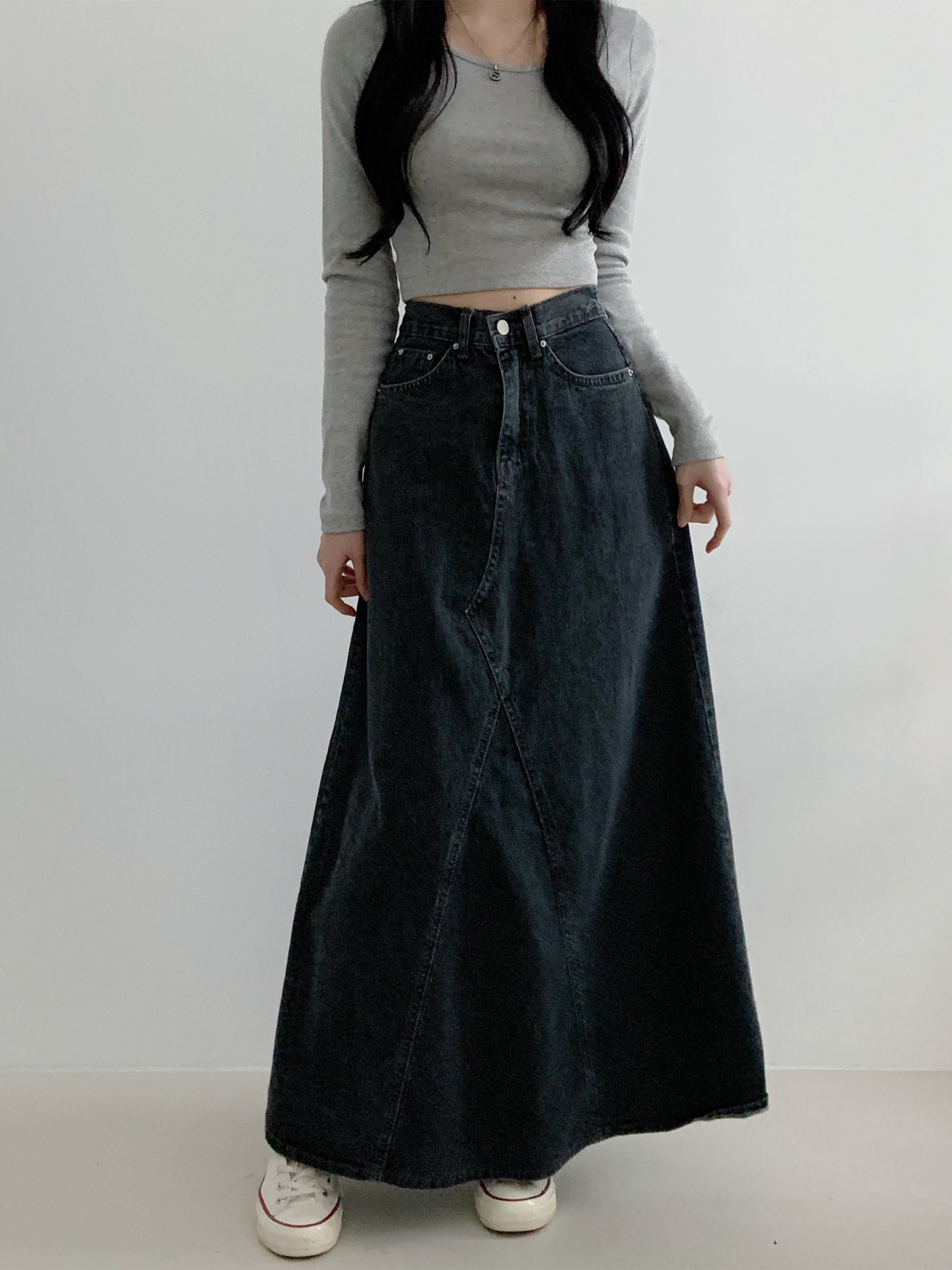 Wide back banding side denim maxi long skirt