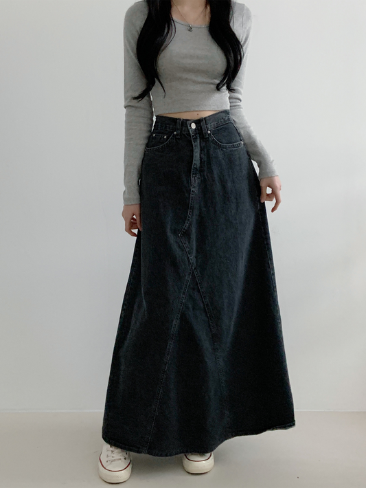 Wide back banding side denim maxi long skirt