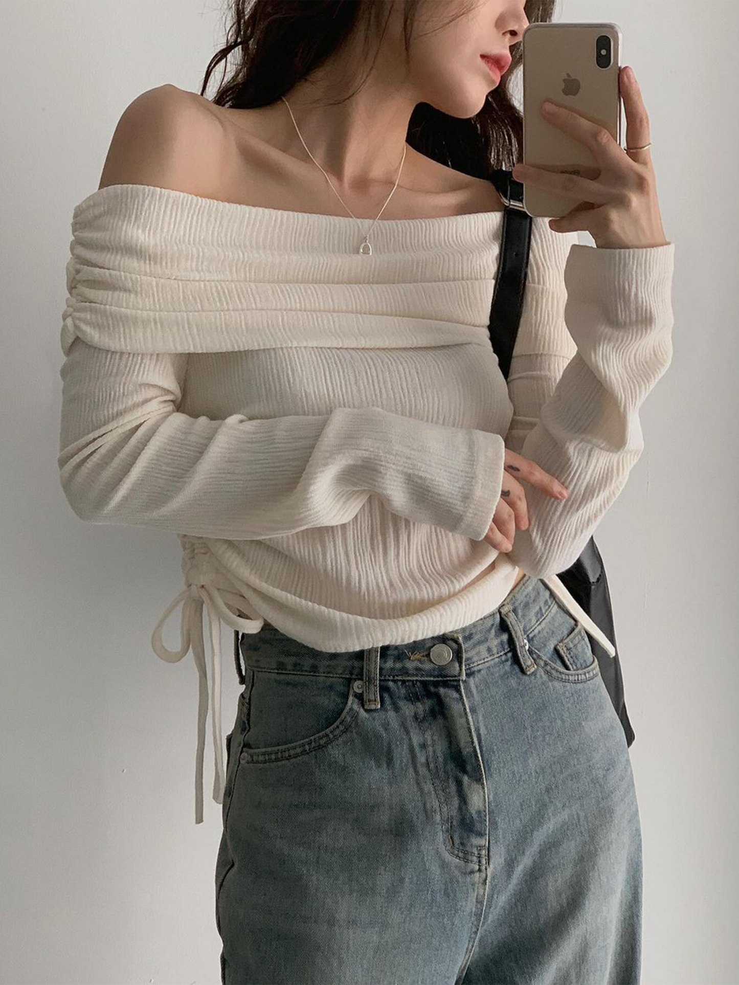 Clean off shoulder tee