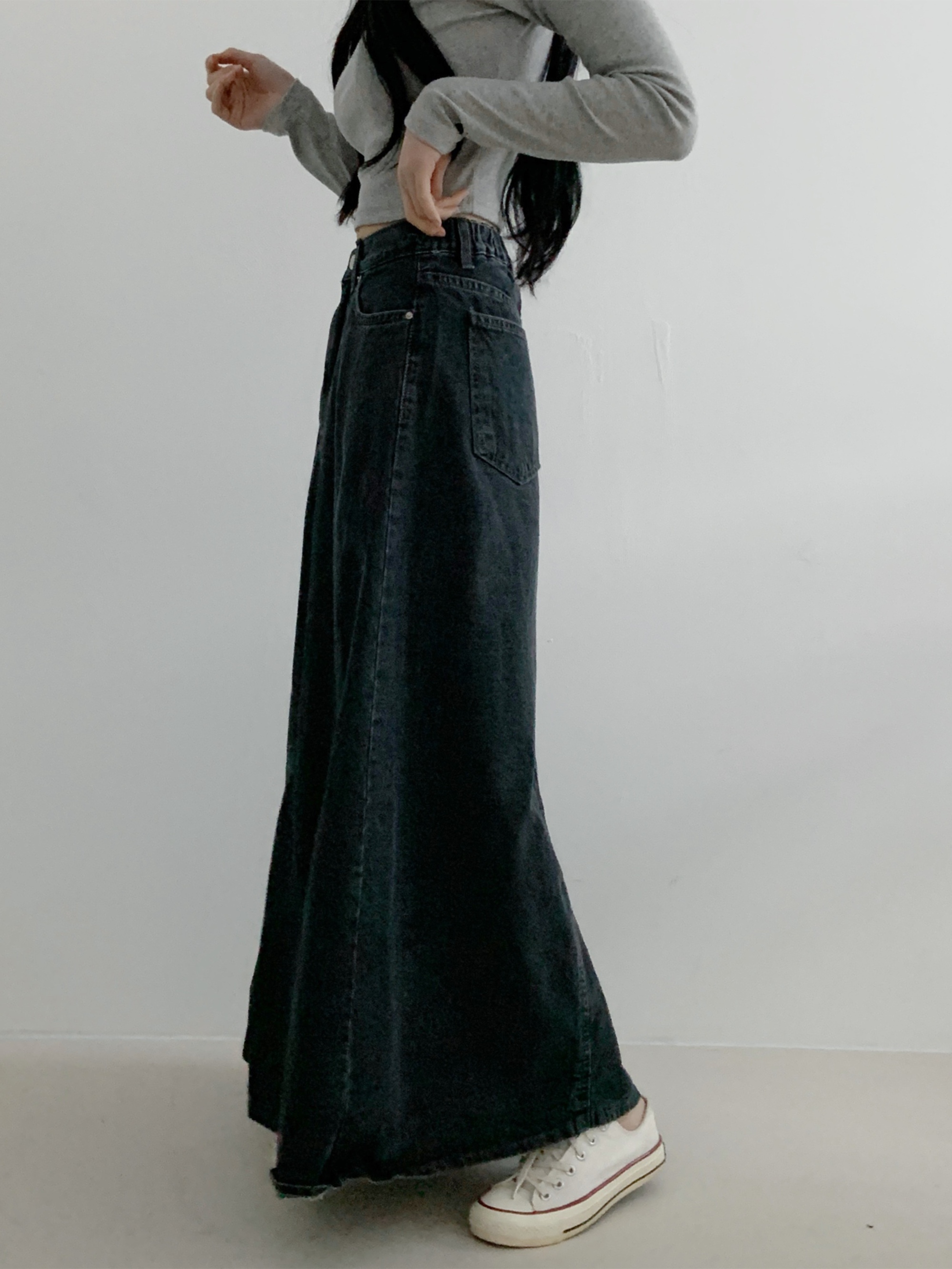 Wide back banding side denim maxi long skirt