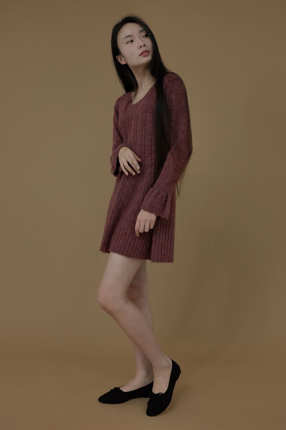 Frill u-neck knit ops(Brick rose)