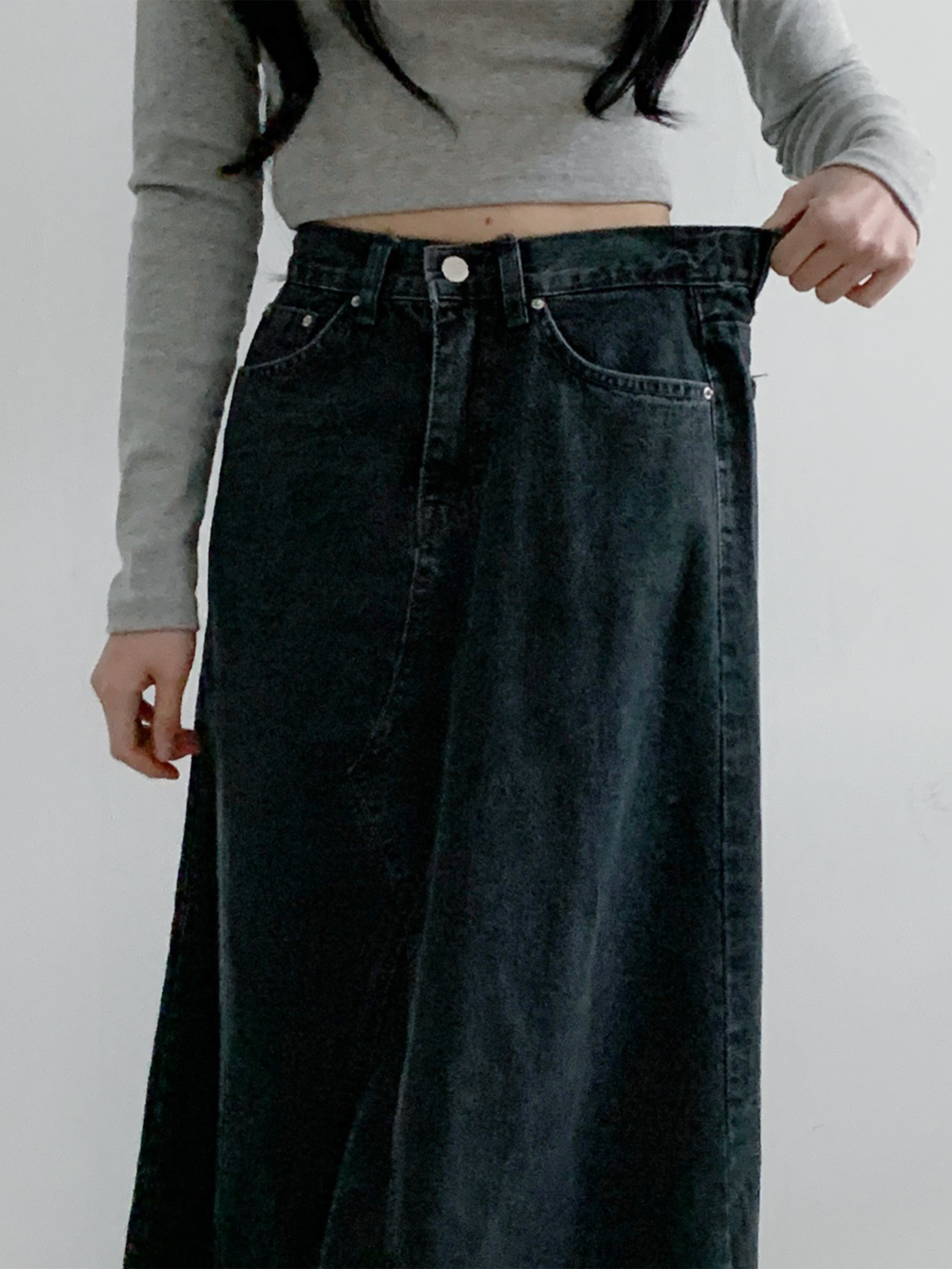 Wide back banding side denim maxi long skirt