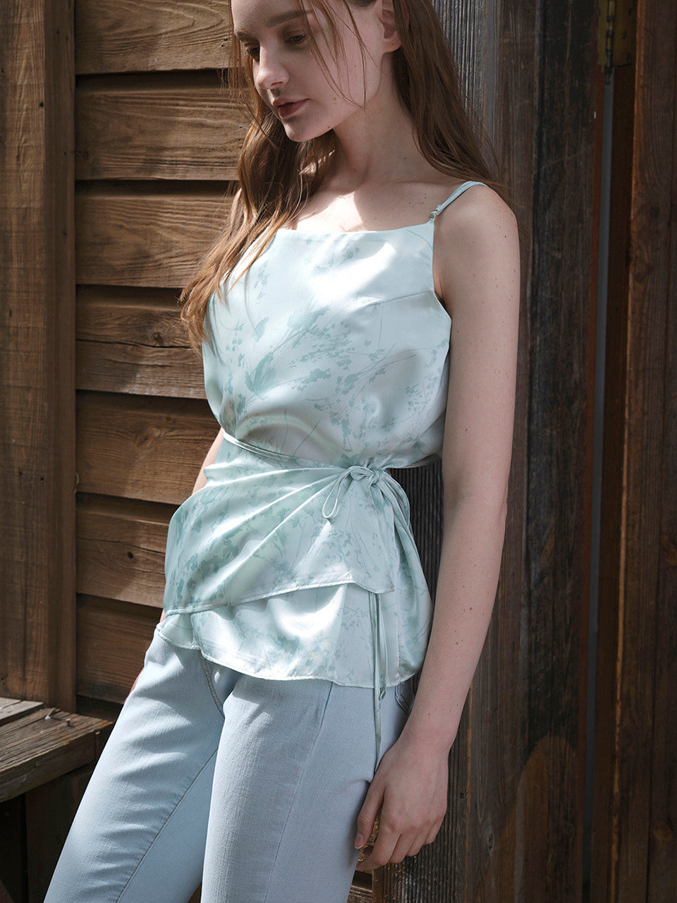 Glossy wrap sleeveless blouse (Tiffany mint)