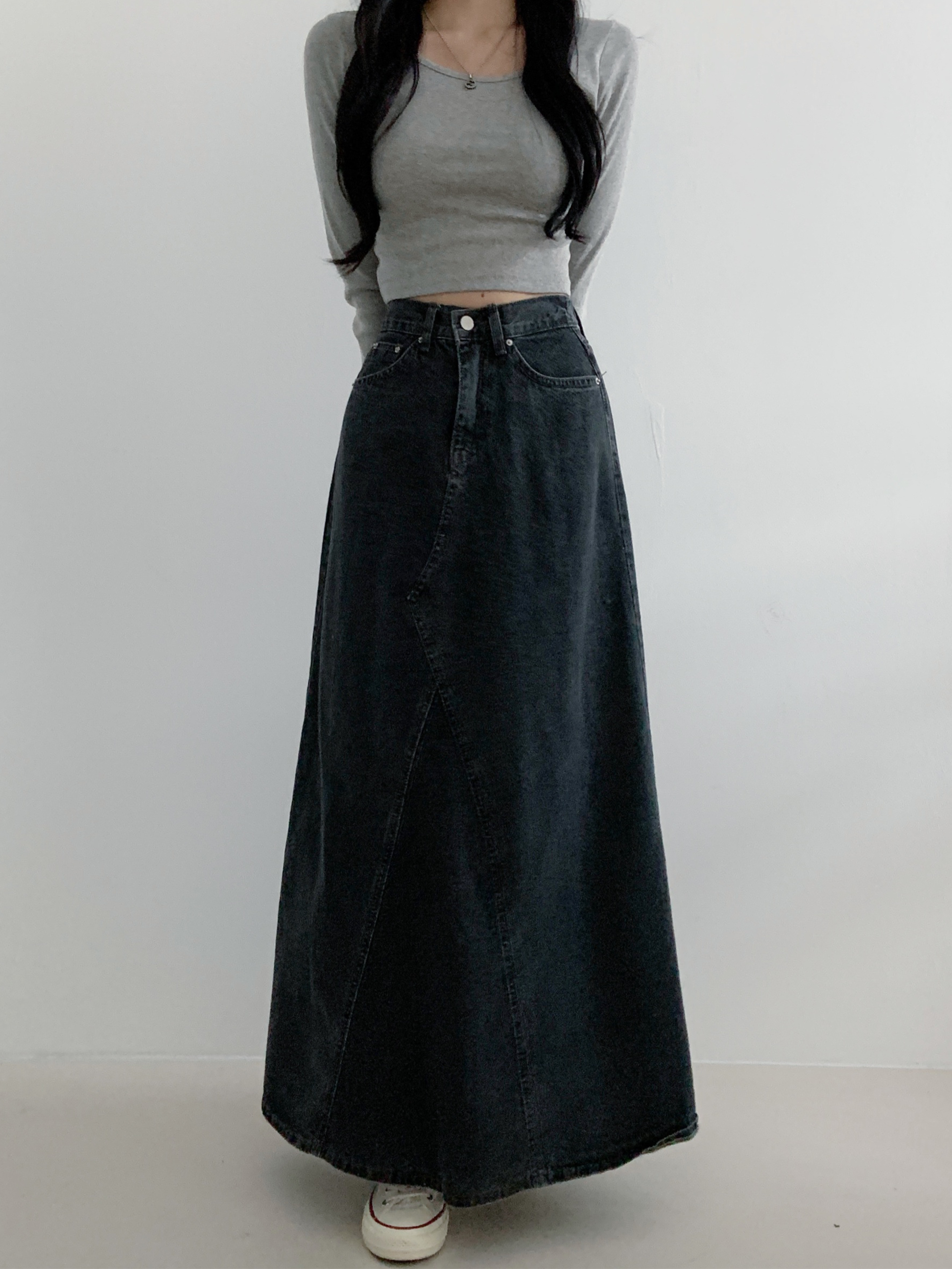 Wide back banding side denim maxi long skirt