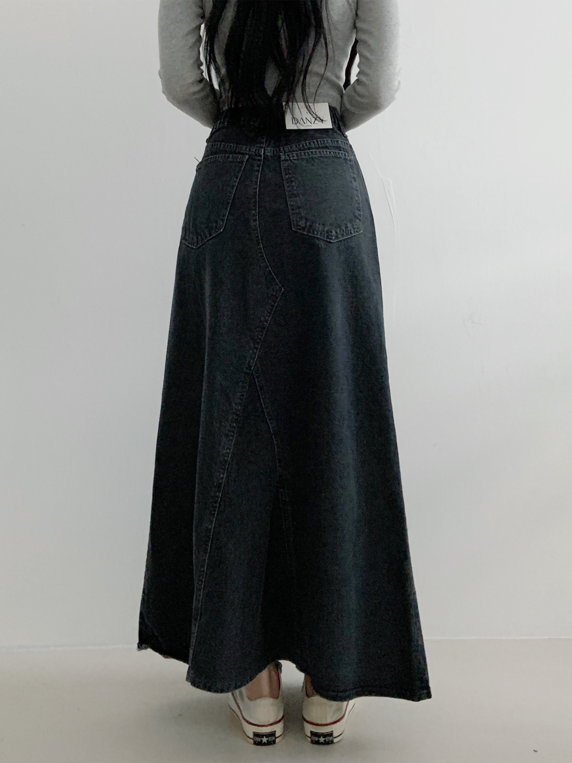 Wide back banding side denim maxi long skirt