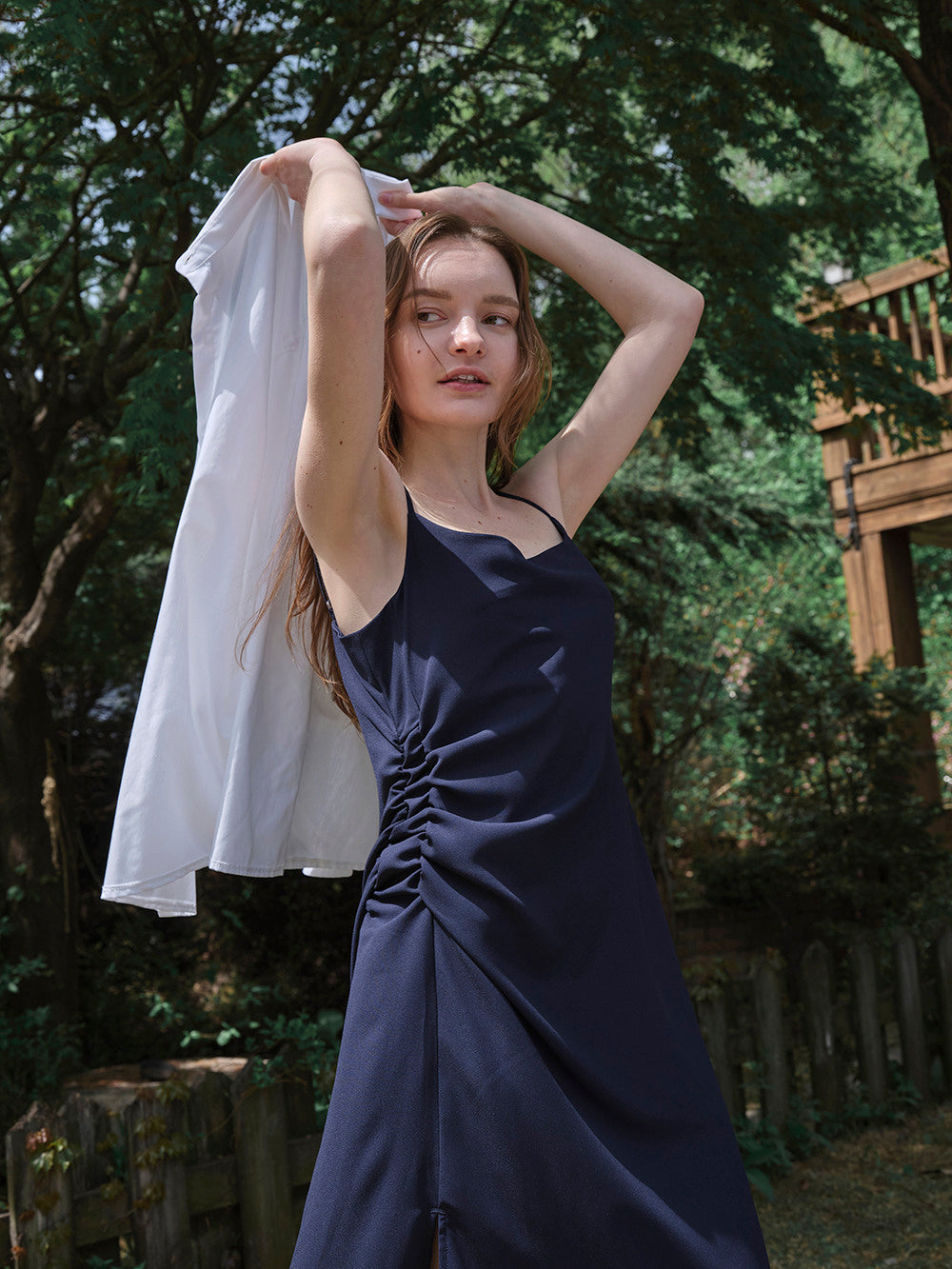 Watercolor shirring sleeveless dress (Cool navy)