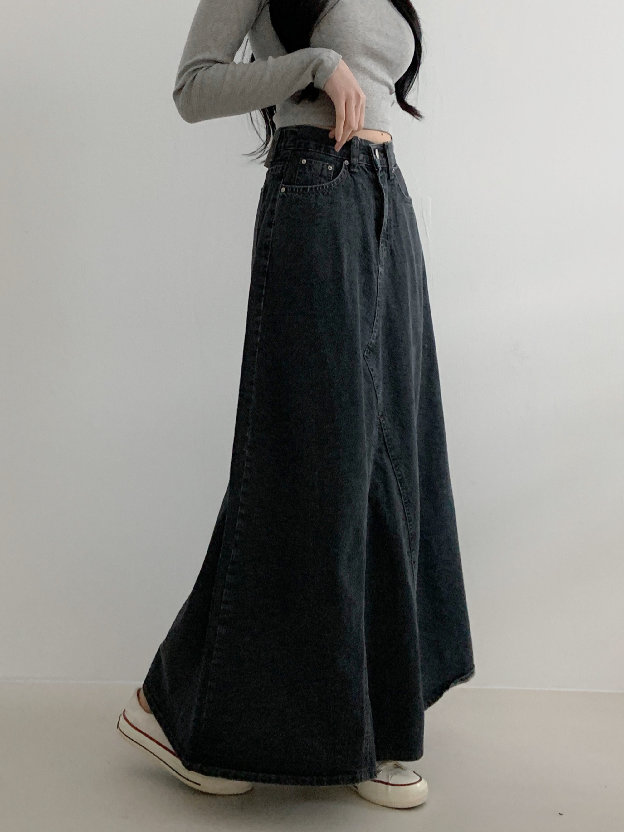 Wide back banding side denim maxi long skirt