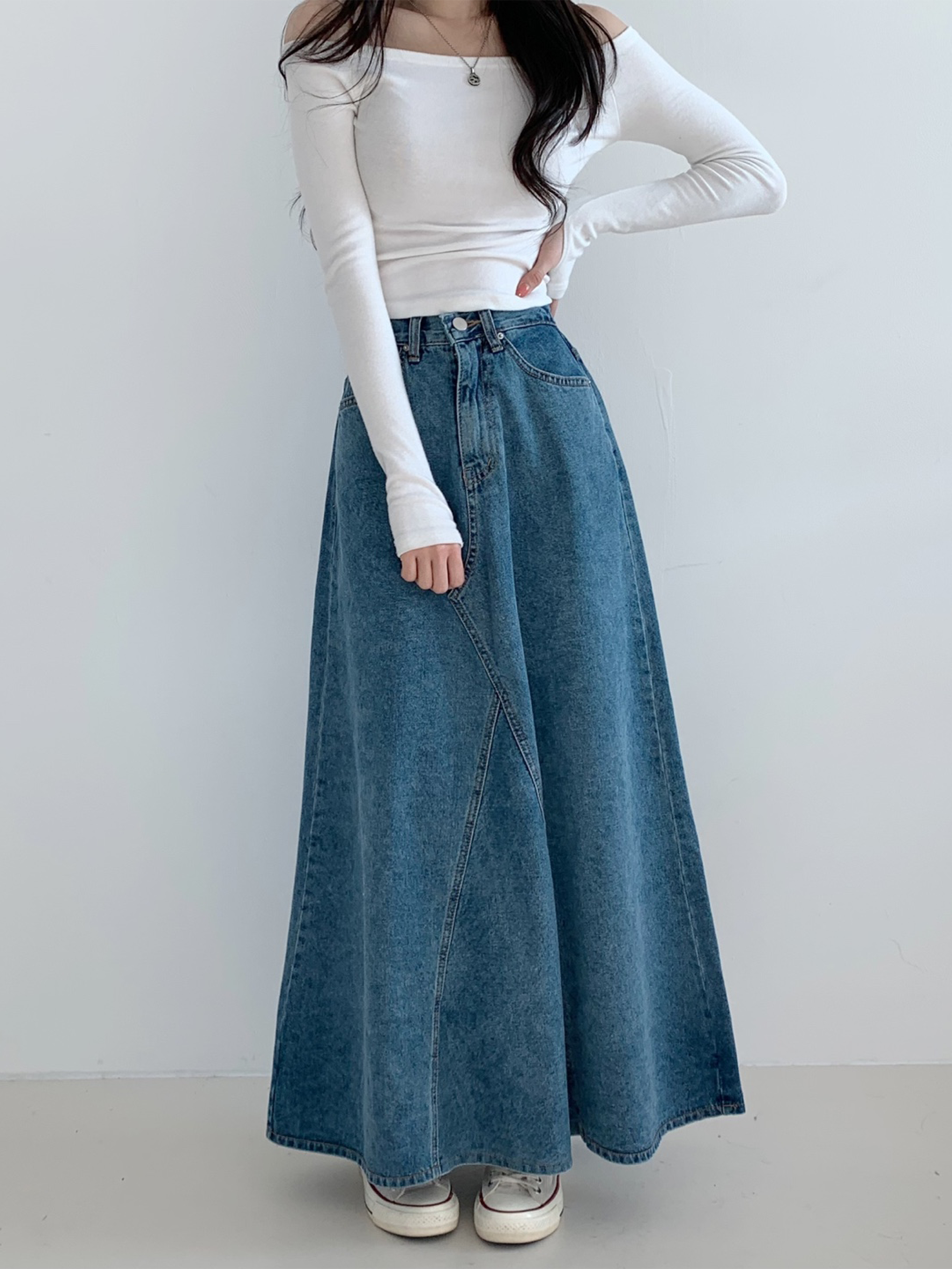 Wide back banding side denim maxi long skirt